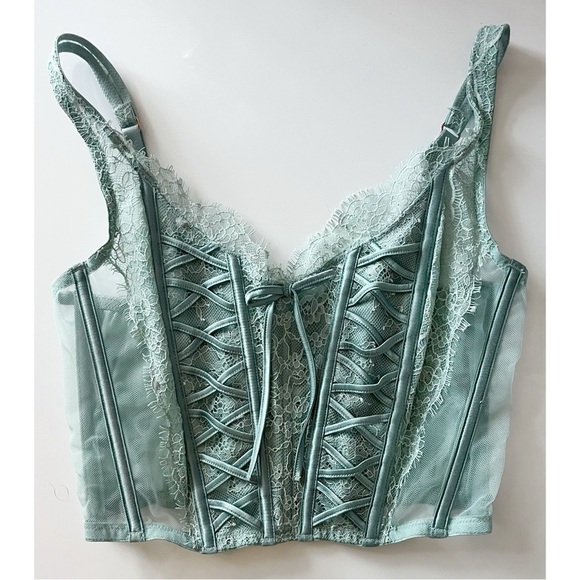 Victorias Secret • Dream Angels Mint Green Lace Sheer Corset Unlined - Picture 3 of 11